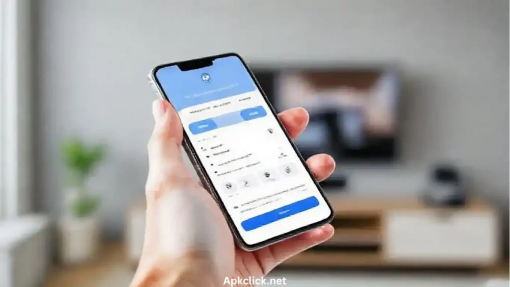 Professional puls TV mounting technician installing a flat screen TV on a modern living room wall, using tools with precision; the Puls TV Mounting App interface is displayed on a smartphone in the foreground, showing easy scheduling and technician tracking, symbolizing fast, expert, and hassle free service.