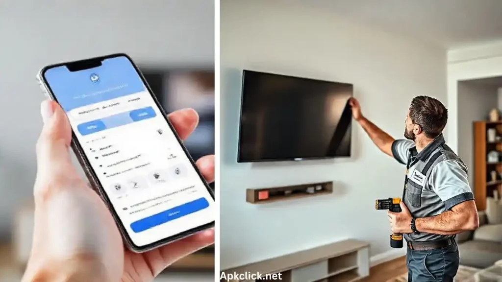 Professional puls TV mounting technician installing a flat screen TV on a modern living room wall, using tools with precision; the Puls TV Mounting App interface is displayed on a smartphone in the foreground, showing easy scheduling and technician tracking, symbolizing fast, expert, and hassle free service.