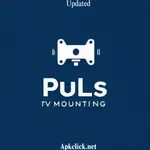 Professional puls TV mounting technician installing a flat screen TV on a modern living room wall, using tools with precision; the Puls TV Mounting App interface is displayed on a smartphone in the foreground, showing easy scheduling and technician tracking, symbolizing fast, expert, and hassle free service.