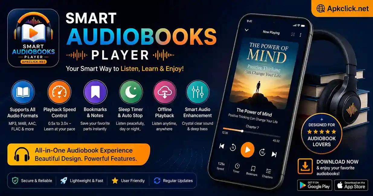 Smart Audiobooks app features screen displaying personalized recommendations, adjustable playback speed, sleep timer, intelligent bookmarks, and voice-controlled navigation.