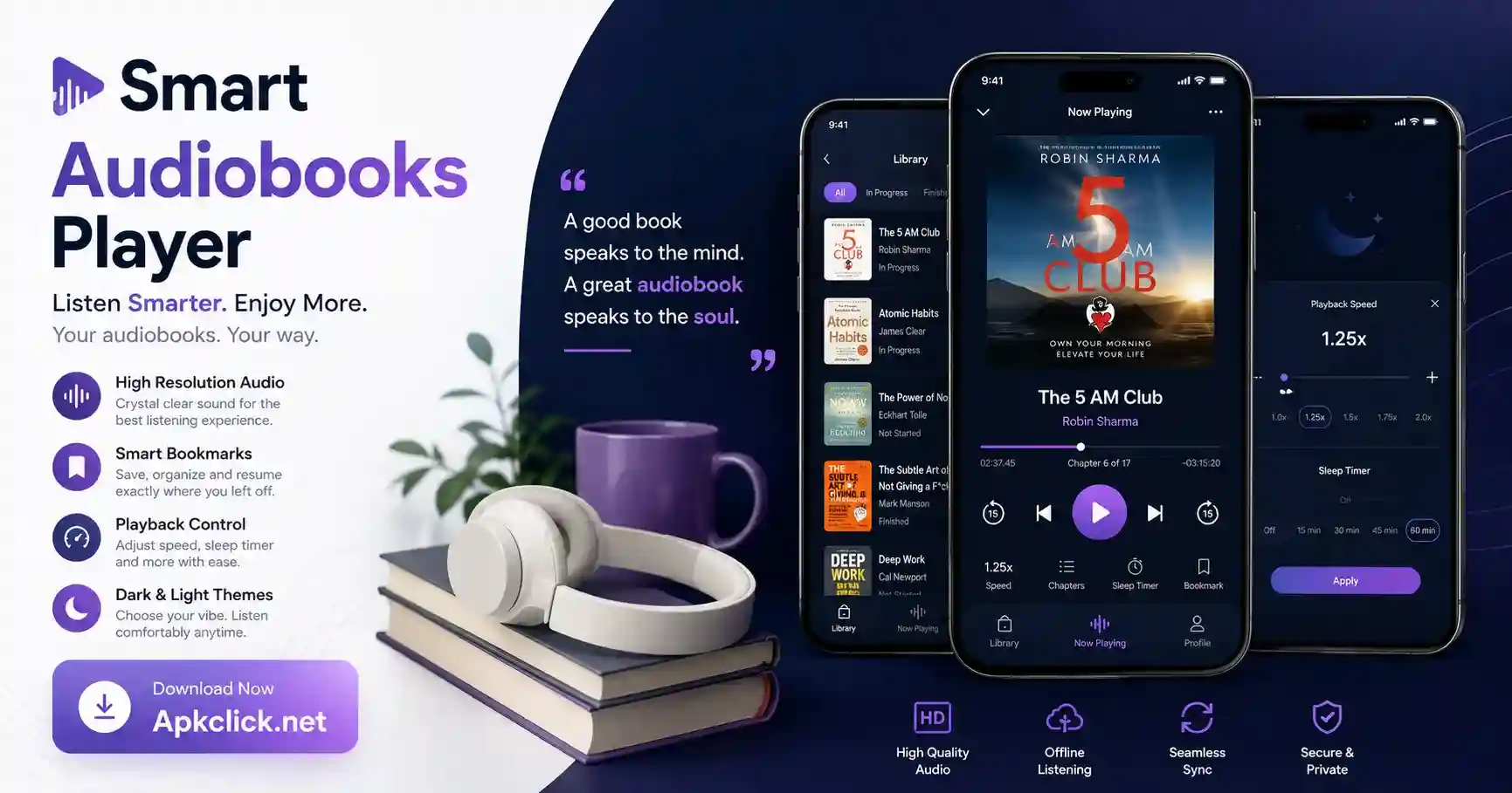 Smart Audiobooks app features screen displaying personalized recommendations, adjustable playback speed, sleep timer, intelligent bookmarks, and voice-controlled navigation.