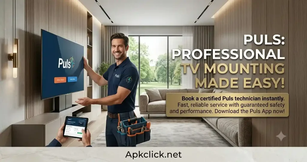 Professional puls TV mounting technician installing a flat screen TV on a modern living room wall, using tools with precision; the Puls TV Mounting App interface is displayed on a smartphone in the foreground, showing easy scheduling and technician tracking, symbolizing fast, expert, and hassle free service.