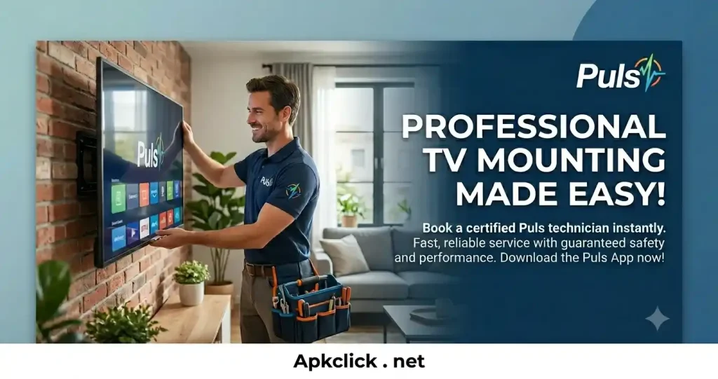 Professional puls TV mounting technician installing a flat screen TV on a modern living room wall, using tools with precision; the Puls TV Mounting App interface is displayed on a smartphone in the foreground, showing easy scheduling and technician tracking, symbolizing fast, expert, and hassle free service.